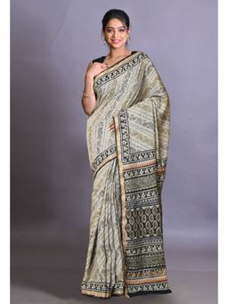 Unnati Silks - Grey Pure Bagri Printed Pashmina Sico Saree with Unstitched Blouse Piece