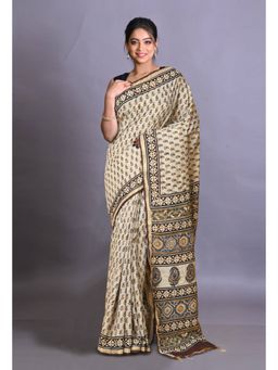 Unnati Silks - Grey Pure Bagri Printed Pashmina Sico Saree with Unstitched Blouse Piece