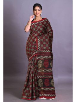 Unnati Silks - Multi Color Pure Hand Block Printed Soft Cotton Saree with Unstitched Blouse Piece