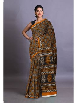 Unnati Silks - Multi Color Pure Hand Block Printed Soft Cotton Saree with Unstitched Blouse Piece