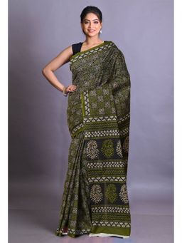 Unnati Silks - Multi Color Pure Hand Block Printed Soft Cotton Saree with Unstitched Blouse Piece