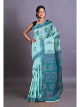 Unnati Silks - Green Pure Hand Block Printed Soft Cotton Saree with Unstitched Blouse Piece