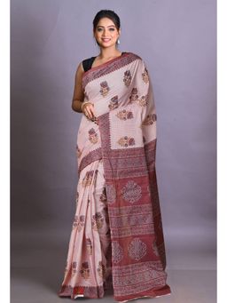 Unnati Silks - Pink Pure Hand Block Printed Soft Cotton Saree with Unstitched Blouse Piece