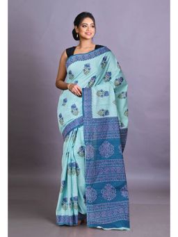 Unnati Silks - Blue Pure Hand Block Printed Soft Cotton Saree with Unstitched Blouse Piece
