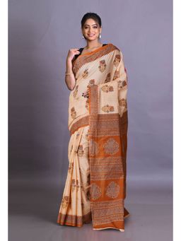 Unnati Silks - Orange Pure Hand Block Printed Soft Cotton Saree with Unstitched Blouse Piece