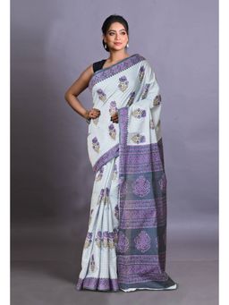 Unnati Silks - Purple Pure Hand Block Printed Soft Cotton Saree with Unstitched Blouse Piece