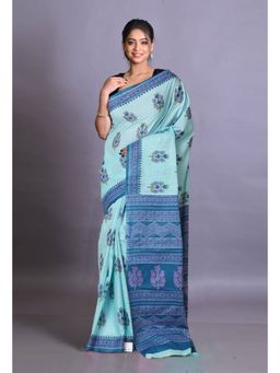 Unnati Silks - Blue Pure Hand Block Printed Soft Cotton Saree with Unstitched Blouse Piece