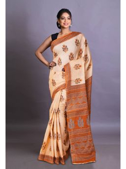 Unnati Silks - Orange Pure Hand Block Printed Soft Cotton Saree with Unstitched Blouse Piece