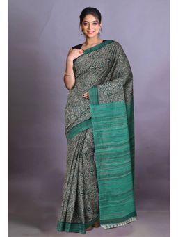 Unnati Silks - Green Pure Hand Block Printed Soft Cotton Saree with Unstitched Blouse Piece