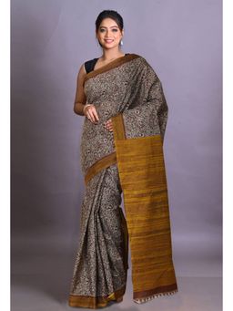 Unnati Silks - Brown Pure Hand Block Printed Soft Cotton Saree with Unstitched Blouse Piece