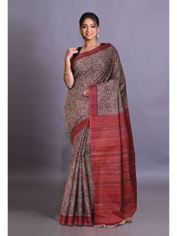 Unnati Silks - Red Pure Hand Block Printed Soft Cotton Saree with Unstitched Blouse Piece