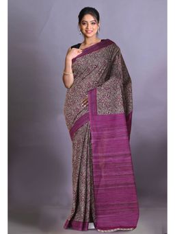 Unnati Silks - Purple Pure Hand Block Printed Soft Cotton Saree with Unstitched Blouse Piece