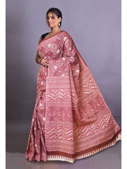 Unnati Silks - Pink Pure Hand Block Printed Soft Cotton Saree with Unstitched Blouse Piece
