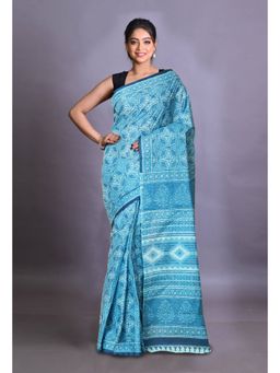 Unnati Silks - Blue Pure Hand Block Printed Soft Cotton Saree with Unstitched Blouse Piece