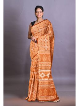 Unnati Silks - Orange Pure Hand Block Printed Soft Cotton Saree with Unstitched Blouse Piece