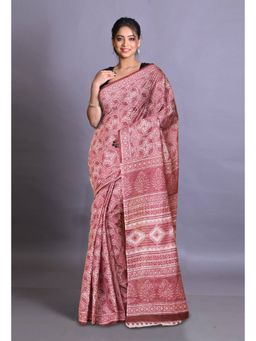 Unnati Silks - Pink Pure Hand Block Printed Soft Cotton Saree with Unstitched Blouse Piece