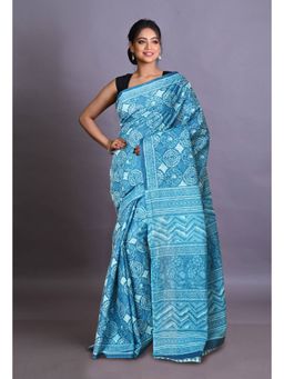 Unnati Silks - Blue Pure Hand Block Printed Soft Cotton Saree with Unstitched Blouse Piece