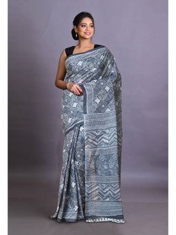 Unnati Silks - Grey Pure Hand Block Printed Soft Cotton Saree with Unstitched Blouse Piece