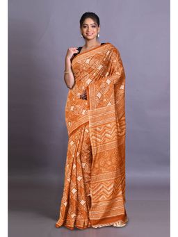 Unnati Silks - Orange Pure Hand Block Printed Soft Cotton Saree with Unstitched Blouse Piece