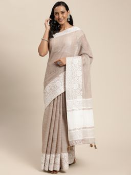 Sangam Prints - Beige Linen Woven Zari Work Tassle Saree with Unstitched Blouse with Unstitched