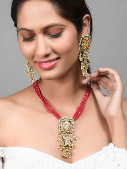 Silvermerc Designs - Long Layered Red Beads Kundan Jadau Necklace and Earrings (Set of 2)