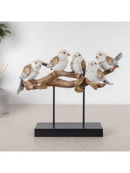 HomeTown - Miraya Bird Flock on Branch, Polyresin Hand Finished Figurine White & Gold