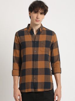 The Bear House - Men's Rust Checked Slim Fit Casual Shit