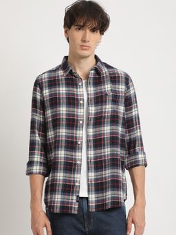 The Bear House - Men's Blue Checked Slim Fit Casual Shit