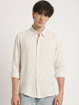 The Bear House - Men's Beige Stripe Slim Fit Casual Shirt