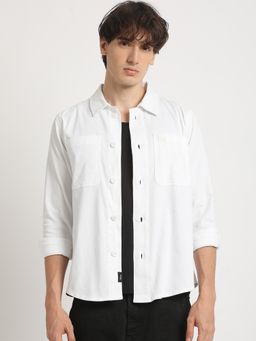 The Bear House - Men's White Solid Regular Fit Overshirt