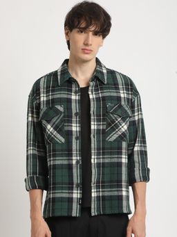 The Bear House - Men's Green Checked Relax Fit Overshirt