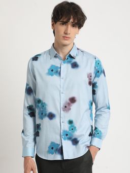 The Bear House - Men's Blue Printed Slim Fit Casual Shirt