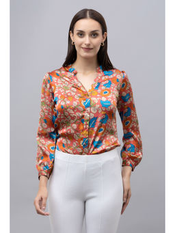 PURYS - Orange Mandarin Neck Casual Satin Shirt