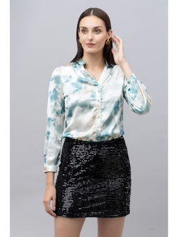 PURYS - Blue Mandarin Neck Casual Satin Shirt