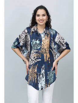 PURYS - Navy Blue Kaftan Style Satin Shirt