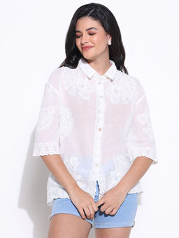 SHOWOFFFF - Women White Self Design Oversized Shirt