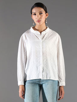 SHOWOFF - Classic Women White Self Design Oversized Shirt