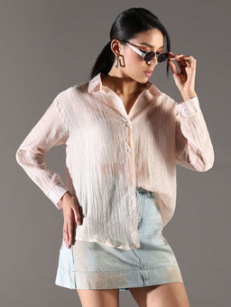 SHOWOFF - Classic Women Peach Textured Shirt
