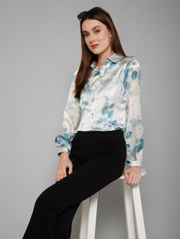 PURYS - Off White Floral Casual Satin Shirt