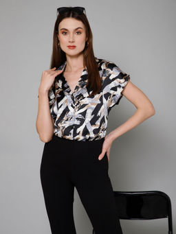 PURYS - Black Abstract Casual Short Sleeves Satin Shirt