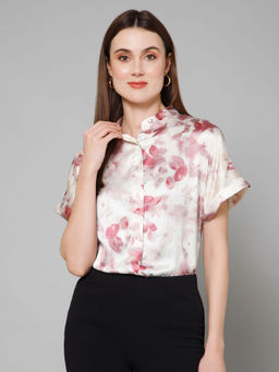 PURYS - Red Floral Casual Mandarin Collar Satin Shirt
