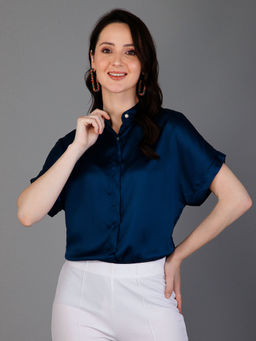 PURYS - Teal Short Sleeves Satin Shirt