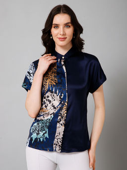 PURYS - Navy Blue Half and Half Short Sleeves Shirt
