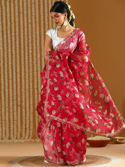 Gajra Gang - Bageecha Pink Printed Organza Saree With Unstitched Blouse (Set of 2)