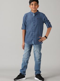 KiddoPanti - Navy Blue Boys Full Sleeve Kurta Shirt