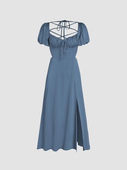 Cider - Satin Knotted Puff Sleeve Split Midi Dress