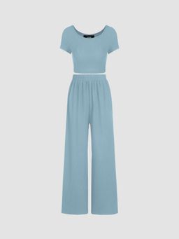 Cider - Knitted Short Sleeve Crop Top & Wide Leg Trousers Set