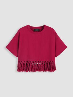 Cider - Solid Round Neckline Tassel Short Sleeve Top