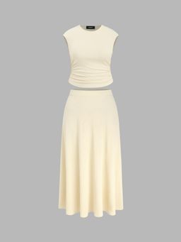 Cider - Jersey Round Neckline Ruched Top & Elastic Waist Maxi Skirt Set Curve & Plus