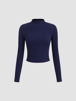 Cider - Rib Knit Stand Neck Solid Long Sleeve Top